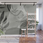 Abstract Botanical Mid Century Art Greenish Grey Wall Mural Gallery Image 1