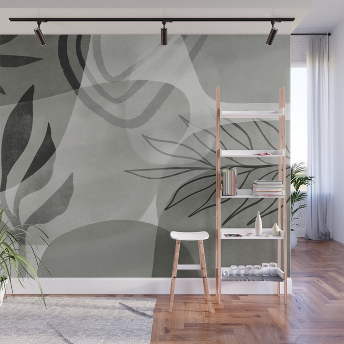 Abstract Botanical Mid Century Art Greenish Grey Wall Mural Gallery Image 1