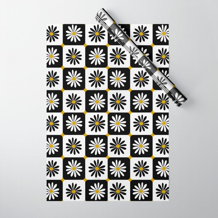 Checkered Daisies - Black & White Wrapping Paper Gallery Image 1
