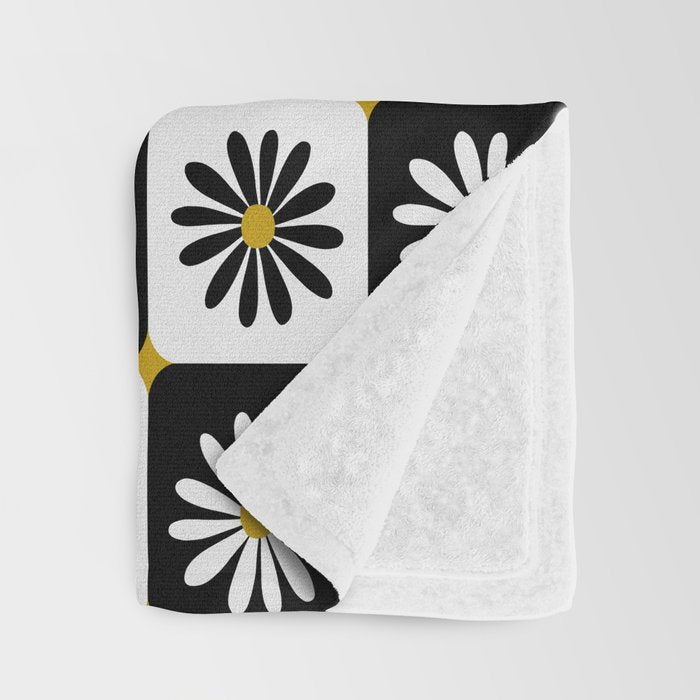 Checkered Daisies - Black & White Throw Blanket Gallery Image 3