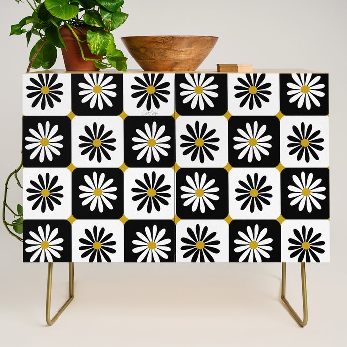 Checkered Daisies - Black & White Credenza Gallery Image 1