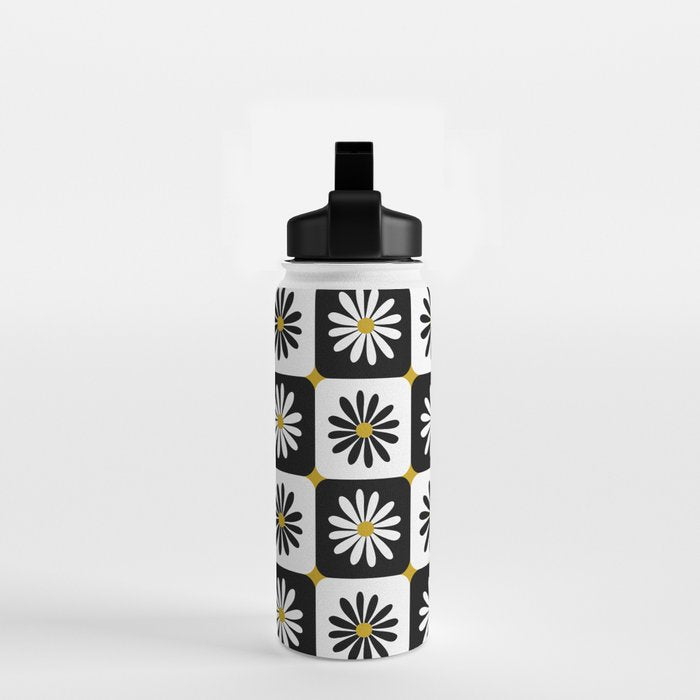 Checkered Daisies - Black & White Water Bottle Gallery Image 2