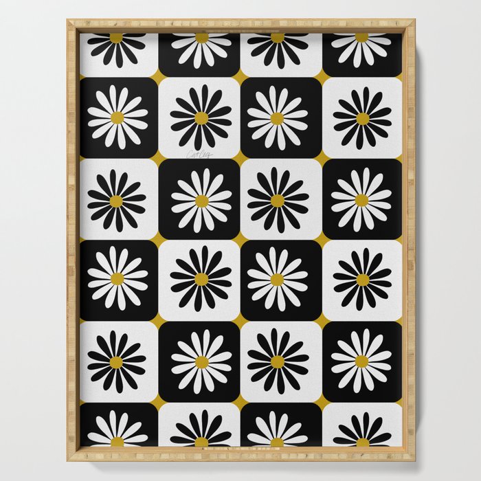 Checkered Daisies - Black & White Serving Tray Gallery Image 1