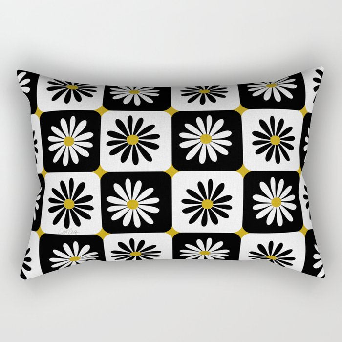 Checkered Daisies - Black & White Rectangular Pillow Gallery Image 1