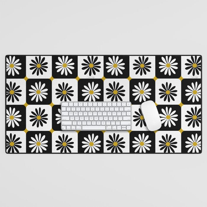 Checkered Daisies - Black & White Desk Mat Gallery Image 1
