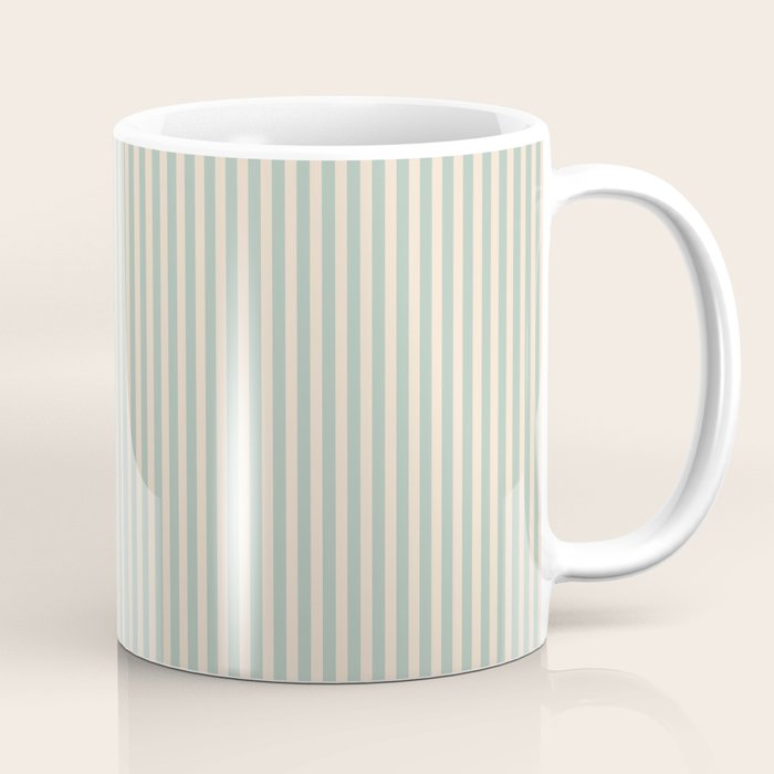 Ultra Fine Stripes Vertical Minimalist Pattern in Light Celadon Blue Green and Cream Coffee Mug Gallery Image 1