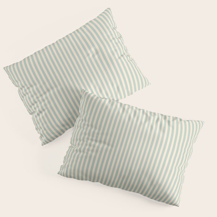 Ultra Fine Stripes Vertical Minimalist Pattern in Light Celadon Blue Green and Cream Pillow Sham Gallery Image 3