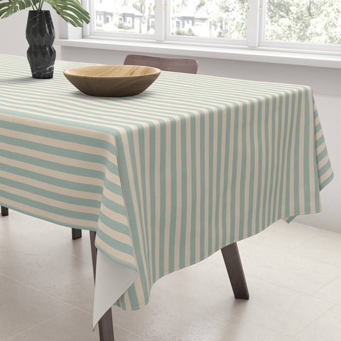 Ultra Fine Stripes Vertical Minimalist Pattern in Light Celadon Blue Green and Cream Tablecloth Gallery Image 3