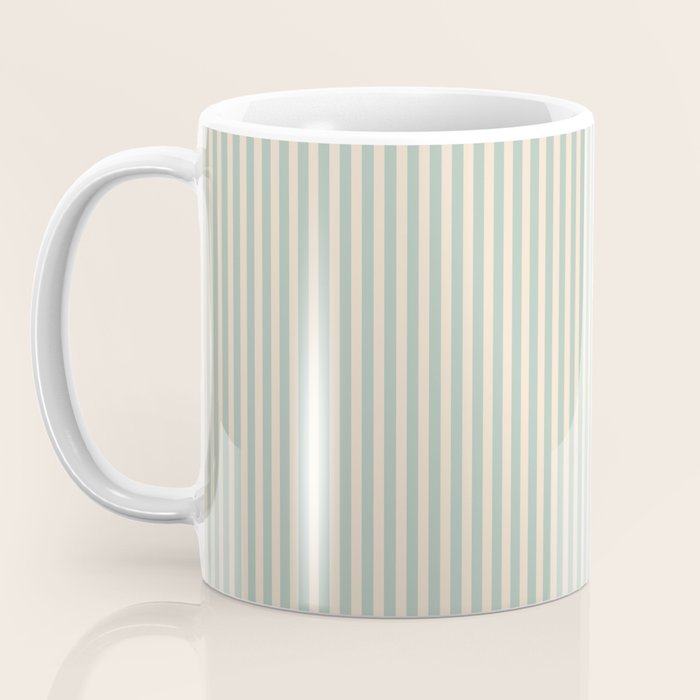 Ultra Fine Stripes Vertical Minimalist Pattern in Light Celadon Blue Green and Cream Coffee Mug Gallery Image 3