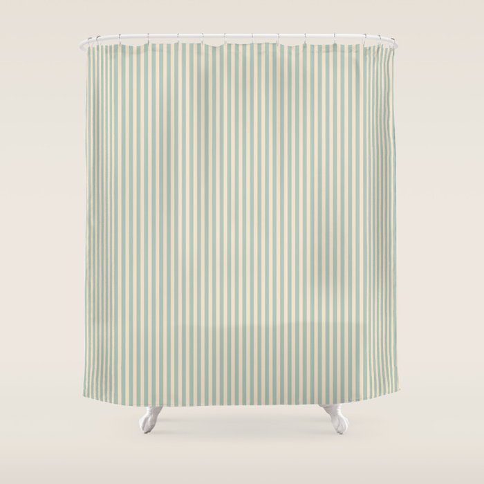 Ultra Fine Stripes Vertical Minimalist Pattern in Light Celadon Blue Green and Cream Shower Curtain Gallery Image 1