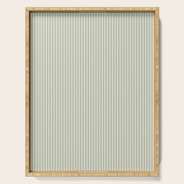 Ultra Fine Stripes Vertical Minimalist Pattern in Light Celadon Blue Green and Cream Serving Tray Gallery Image 1