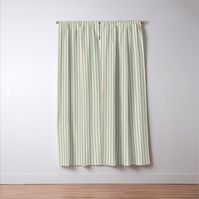 Ultra Fine Stripes Vertical Minimalist Pattern in Light Celadon Blue Green and Cream Window Curtain Gallery Image 3