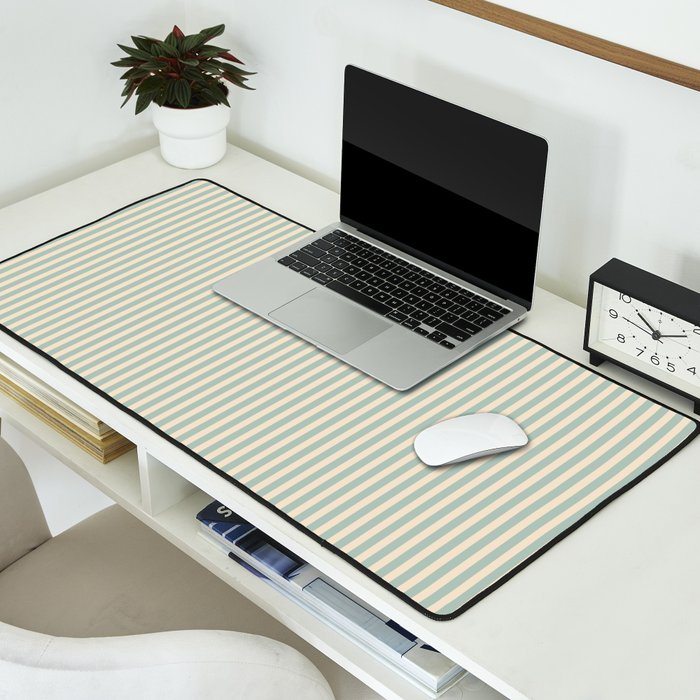 Ultra Fine Stripes Vertical Minimalist Pattern in Light Celadon Blue Green and Cream Desk Mat Gallery Image 2