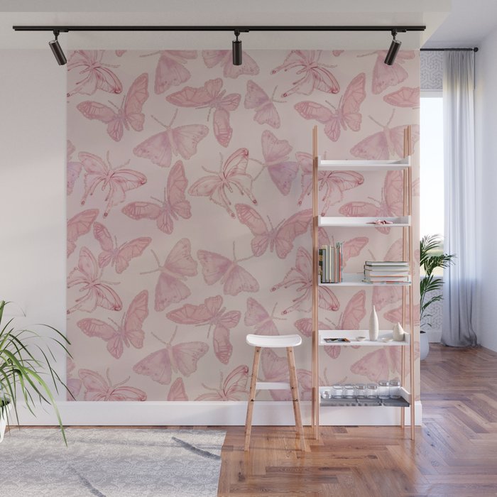Butterfly Pattern soft pink pastel Wall Mural Gallery Image 1