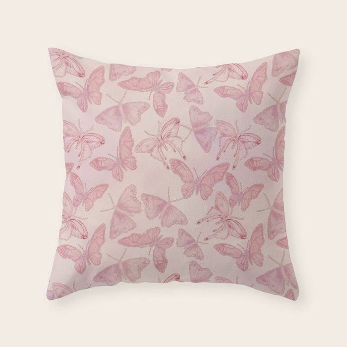 Butterfly Pattern soft pink pastel Throw Pillow Gallery Image 1