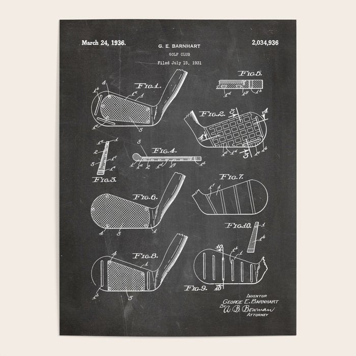 Golf Clubs Patent - Golfing Art - Black Chalkboard Poster Gallery Image 1