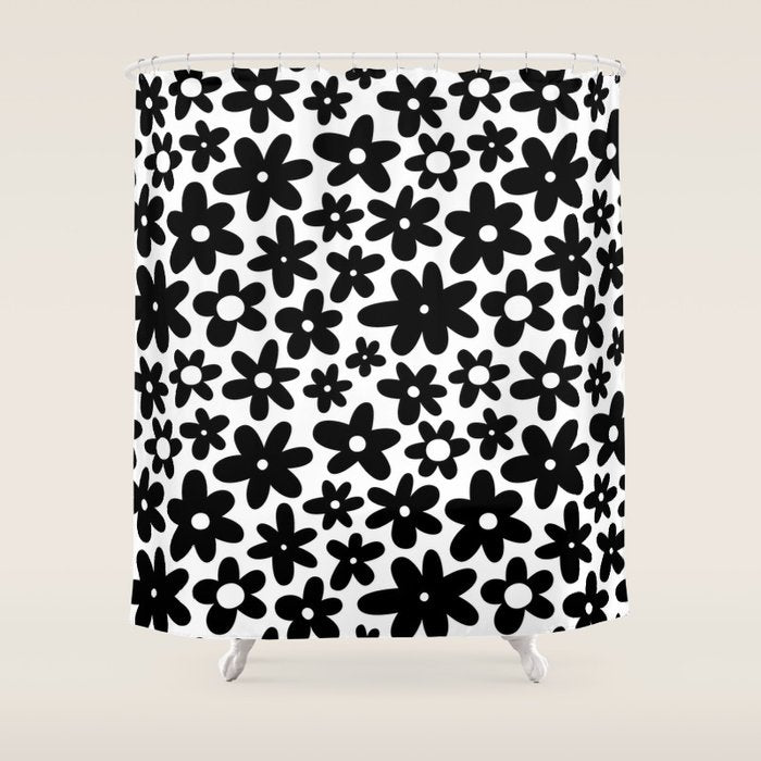Black and white retro flower pattern Shower Curtain Gallery Image 1