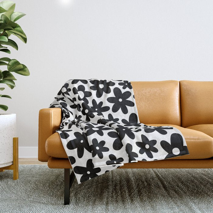 Black and white retro flower pattern Throw Blanket Gallery Image 1