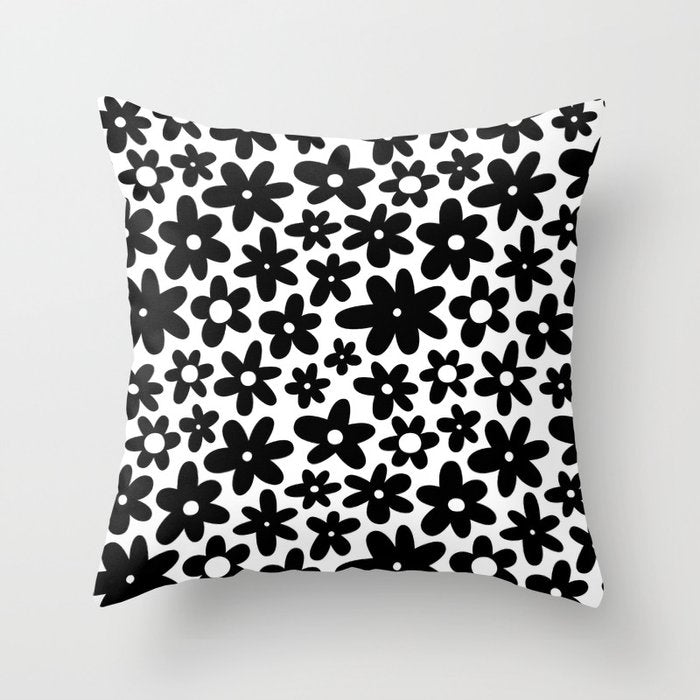 Black and white retro flower pattern Throw Pillow Gallery Image 6