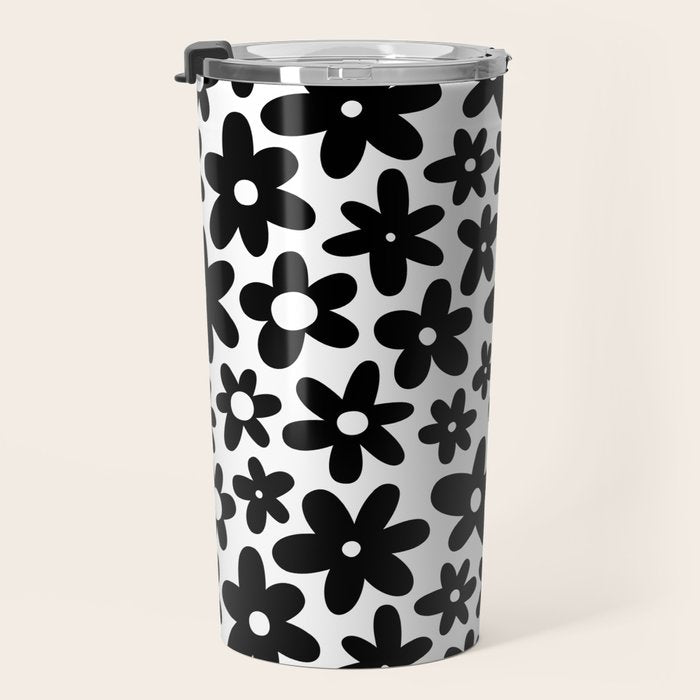 Black and white retro flower pattern Travel Mug Gallery Image 3