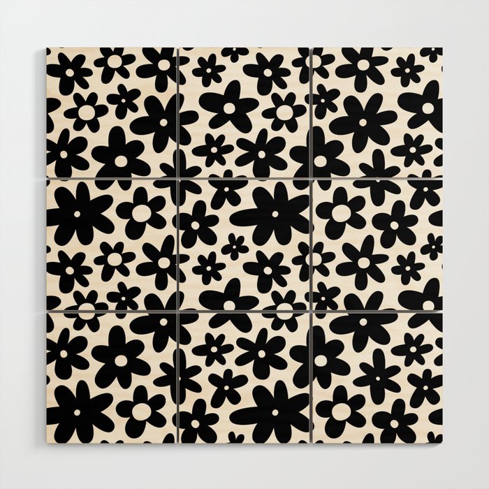 Black and white retro flower pattern Wood Wall Art Gallery Image 1