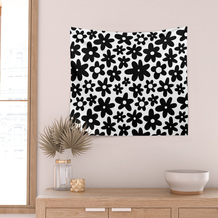 Black and white retro flower pattern Wall Tapestry Gallery Image 2