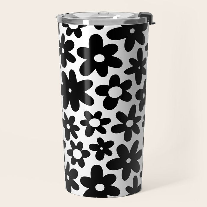 Black and white retro flower pattern Travel Mug Gallery Image 2