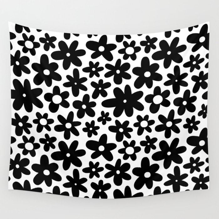 Black and white retro flower pattern Wall Tapestry Gallery Image 1