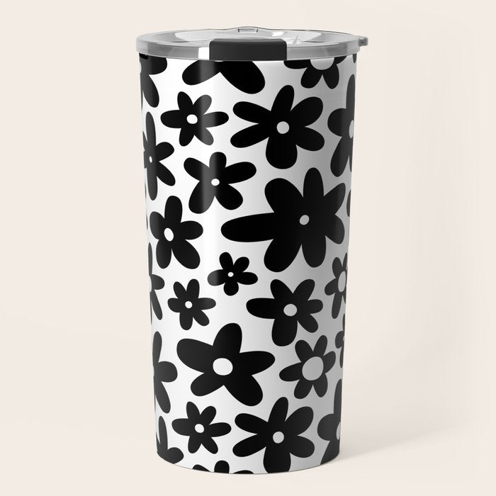 Black and white retro flower pattern Travel Mug Gallery Image 1