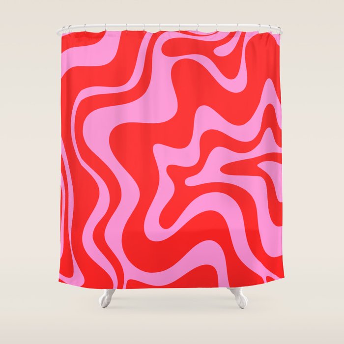 Liquid Swirl Retro Contemporary Abstract in Preppy Pink and Red Shower Curtain Gallery Image 1