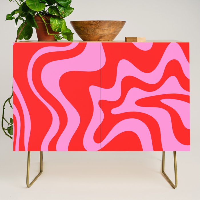 Liquid Swirl Retro Contemporary Abstract in Preppy Pink and Red Credenza Gallery Image 1