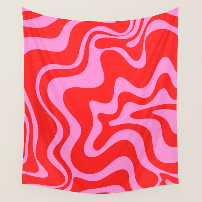 Liquid Swirl Retro Contemporary Abstract in Preppy Pink and Red Wall Tapestry Gallery Image 1