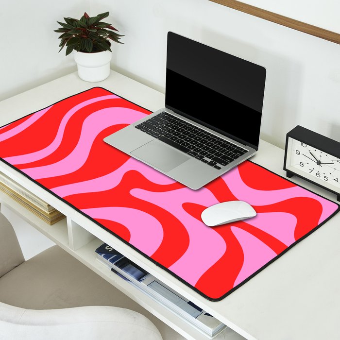 Liquid Swirl Retro Contemporary Abstract in Preppy Pink and Red Desk Mat Gallery Image 2
