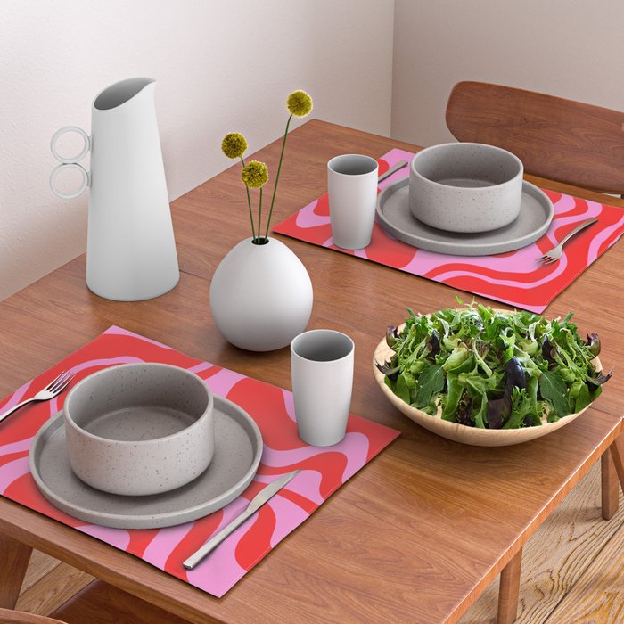 Liquid Swirl Retro Contemporary Abstract in Preppy Pink and Red Placemat Gallery Image 2