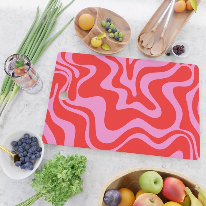 Liquid Swirl Retro Contemporary Abstract in Preppy Pink and Red Cutting Board Gallery Image 2