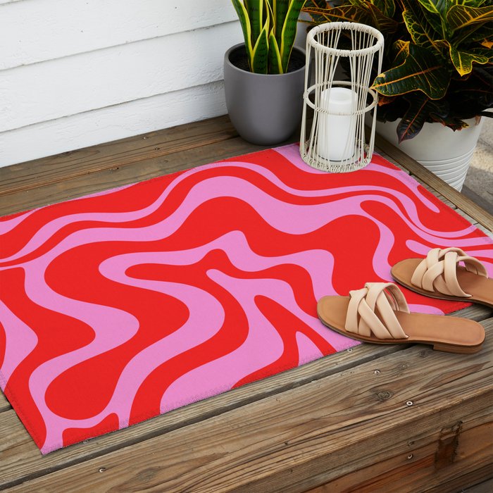 Liquid Swirl Retro Contemporary Abstract in Preppy Pink and Red Outdoor Rug Gallery Image 2