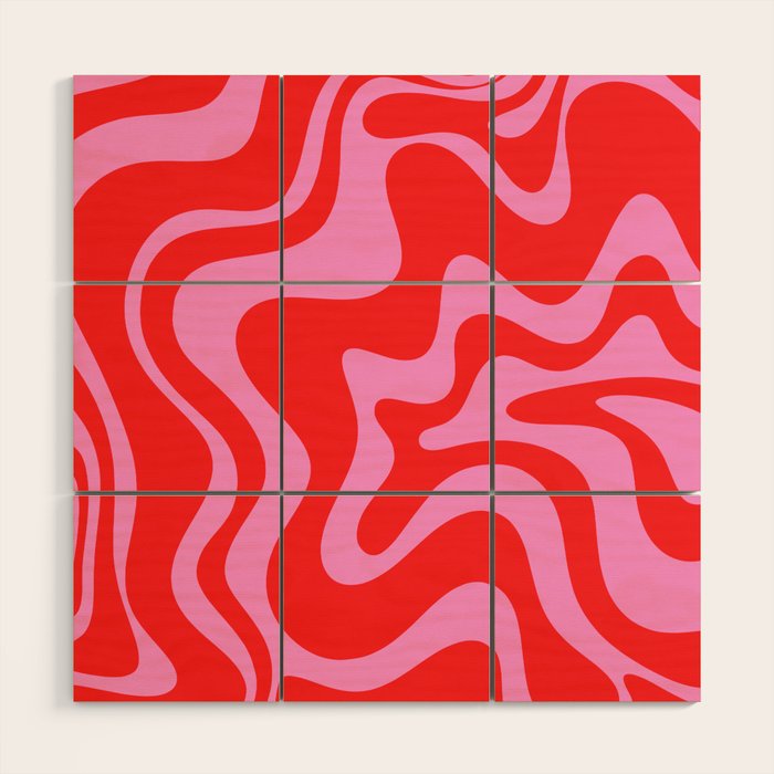 Liquid Swirl Retro Contemporary Abstract in Preppy Pink and Red Wood Wall Art Gallery Image 1