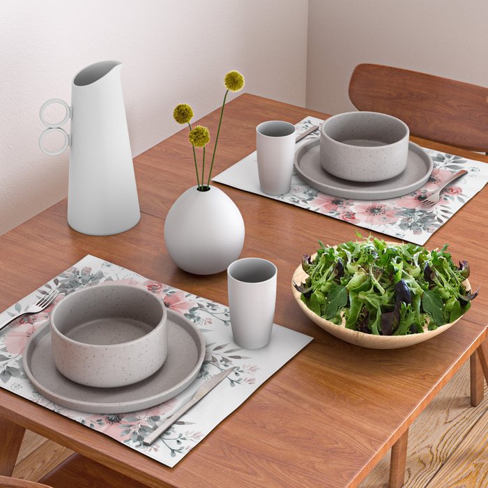 Watercolor Flower, Blush Pink and Gray, Floral Prints Placemat Gallery Image 2