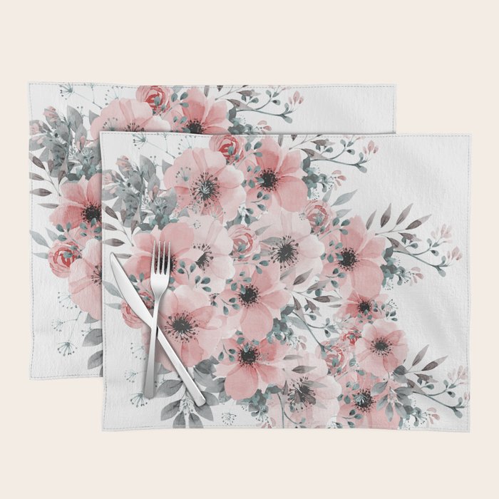 Watercolor Flower, Blush Pink and Gray, Floral Prints Placemat Gallery Image 1