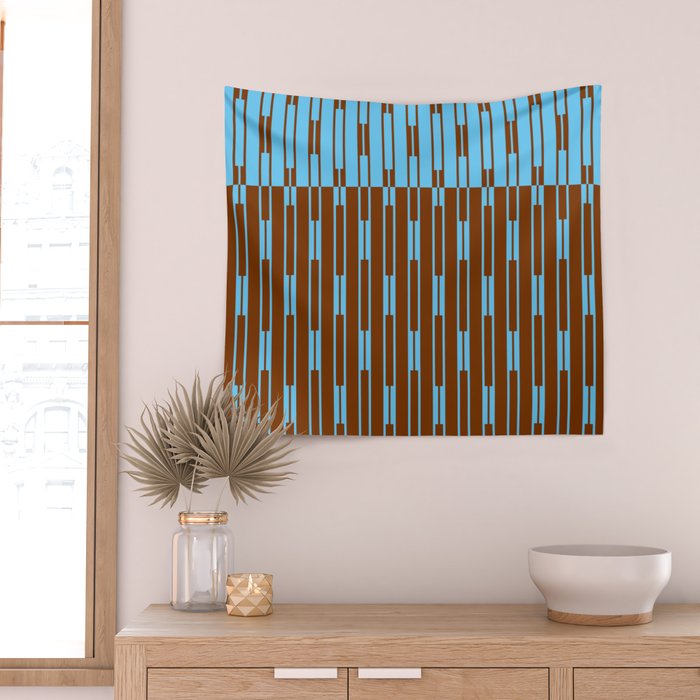 Geometric Two-Tone Geo Chain Pattern in Sky Blue and Chestnut Brown Wall Tapestry Gallery Image 2