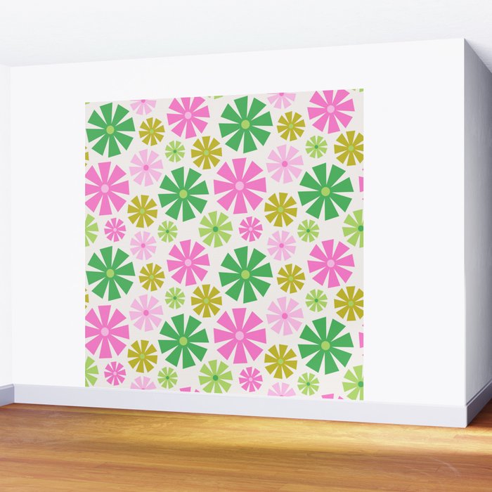 Retro Pinwheel Snowflakes - Green & Pink Wall Mural Gallery Image 2