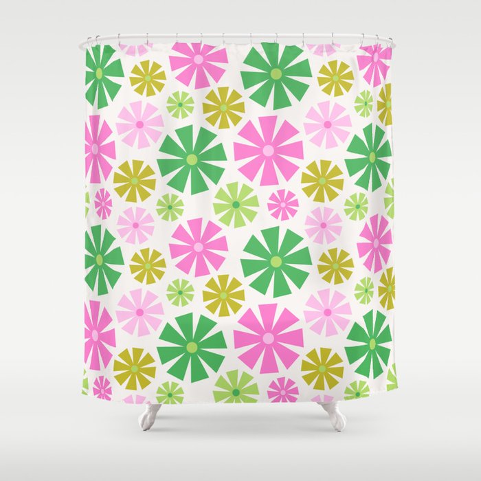 Retro Pinwheel Snowflakes - Green & Pink Shower Curtain Gallery Image 1