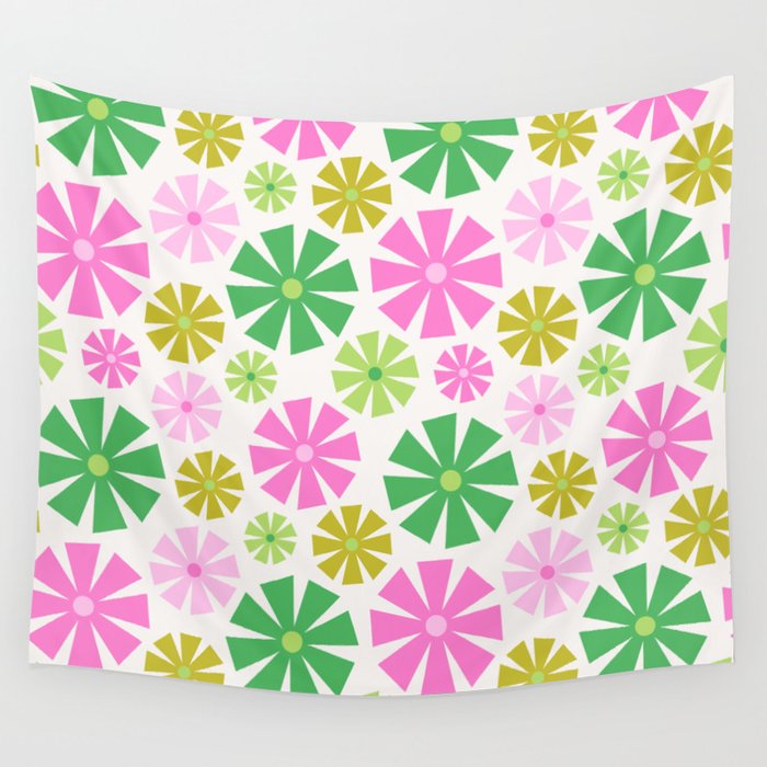 Retro Pinwheel Snowflakes - Green & Pink Wall Tapestry Gallery Image 4
