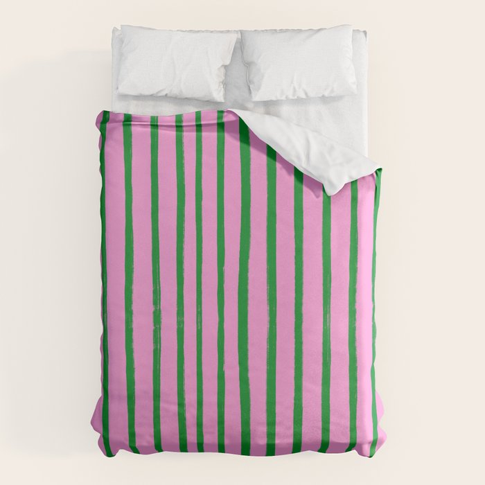 Green and Pink Brush Stroke Stripes Duvet Cover Gallery Image 1