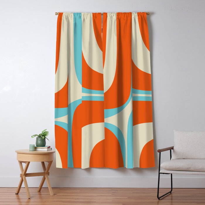 Mid Century Modern Retro Groove Modernist Abstract Pattern in Orange Blue Beige Window Curtain Gallery Image 5