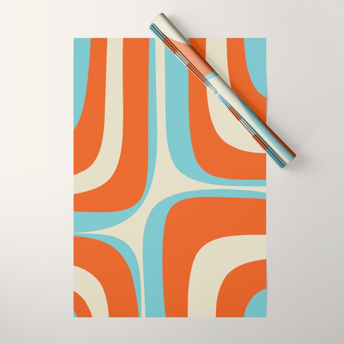 Mid Century Modern Retro Groove Modernist Abstract Pattern in Orange Blue Beige Wrapping Paper Gallery Image 1