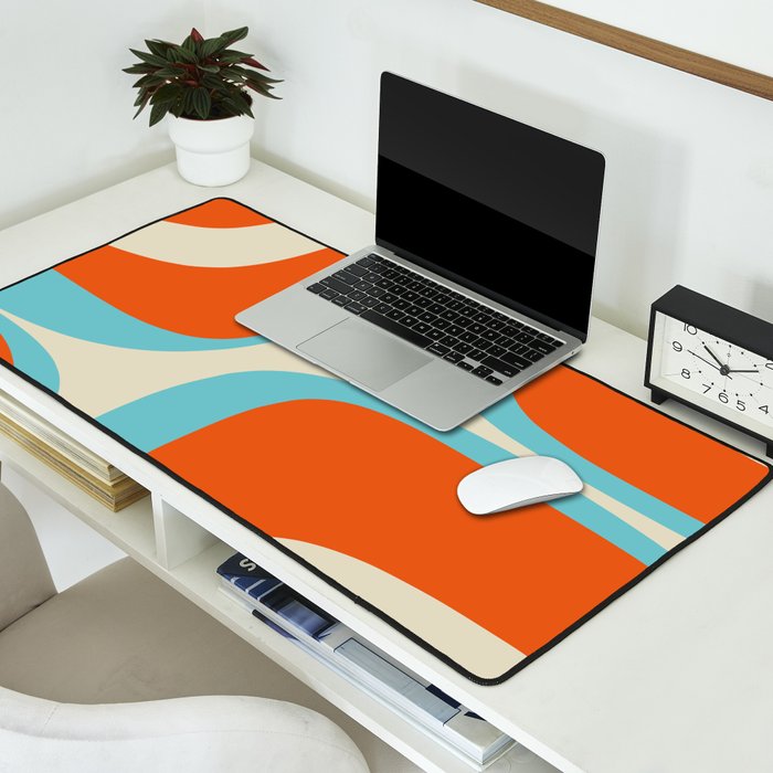 Mid Century Modern Retro Groove Modernist Abstract Pattern in Orange Blue Beige Desk Mat Gallery Image 2