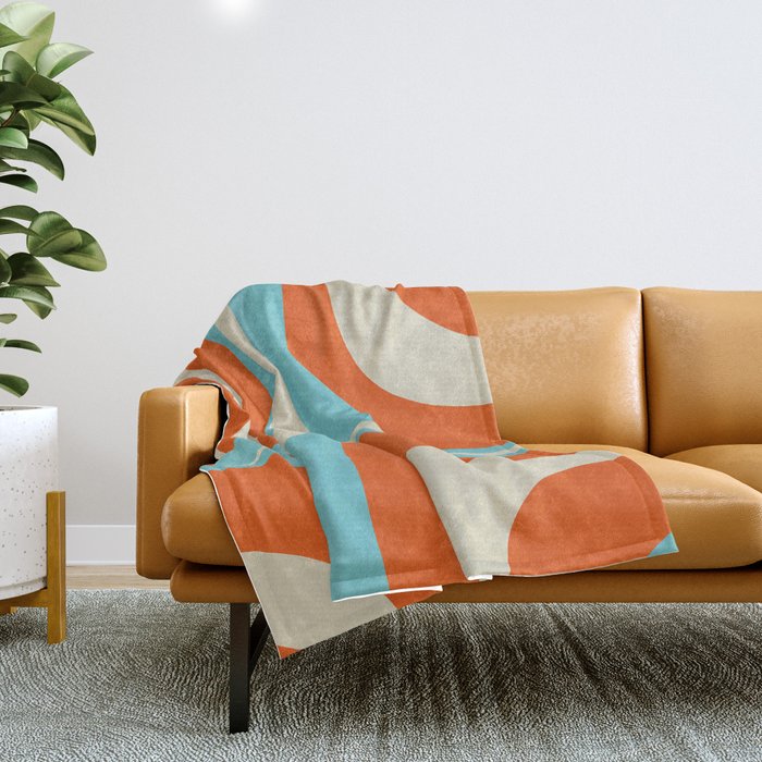 Mid Century Modern Retro Groove Modernist Abstract Pattern in Orange Blue Beige Throw Blanket Gallery Image 1