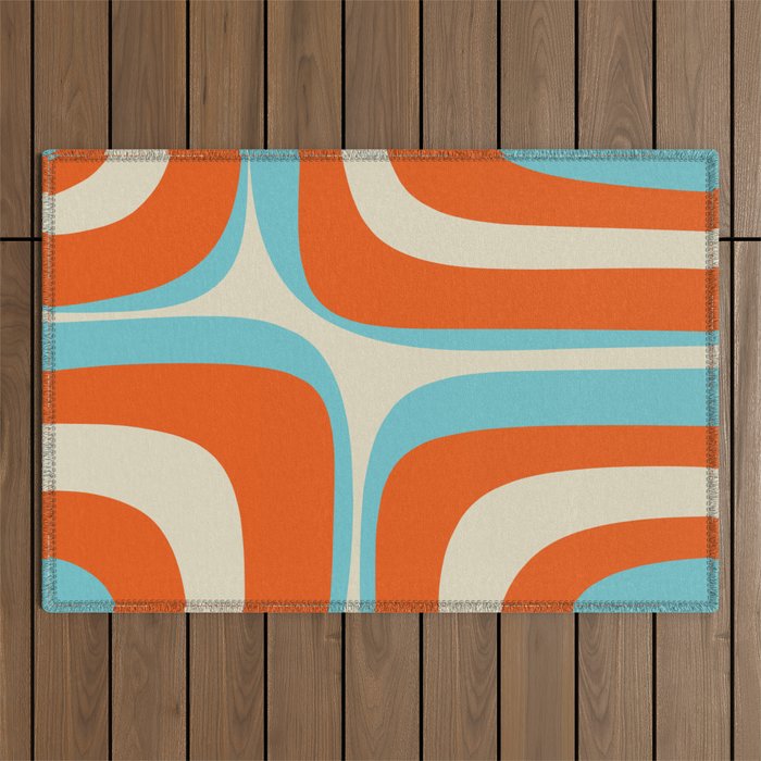 Mid Century Modern Retro Groove Modernist Abstract Pattern in Orange Blue Beige Outdoor Rug Gallery Image 1