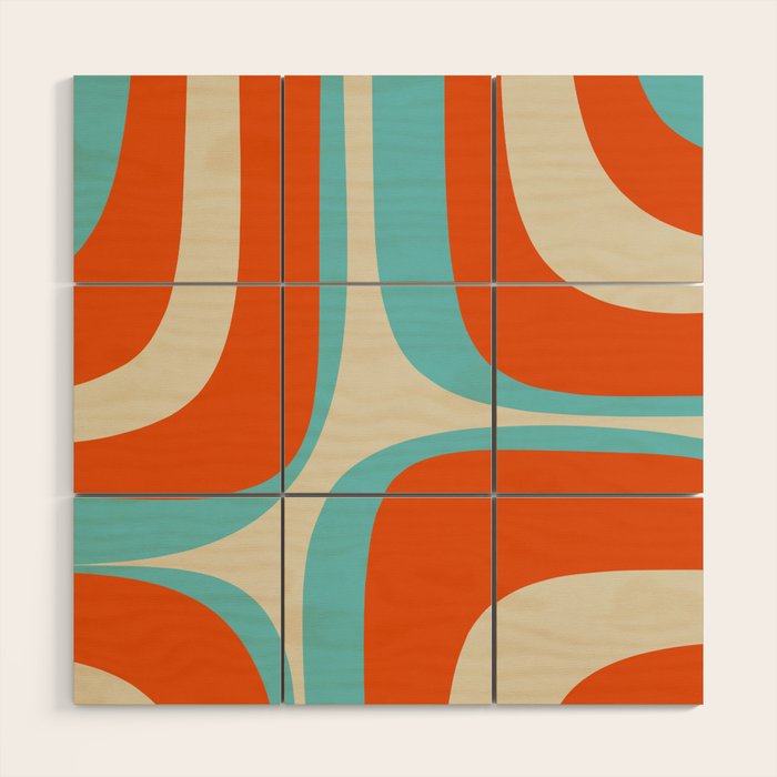 Mid Century Modern Retro Groove Modernist Abstract Pattern in Orange Blue Beige Wood Wall Art Gallery Image 1